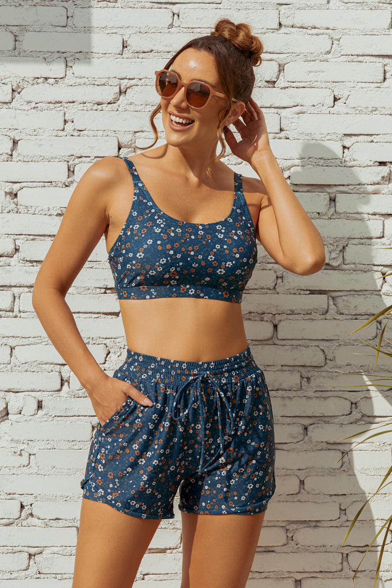 Floral Scoop Neck Stylish Bikini Top with Boy Short Set