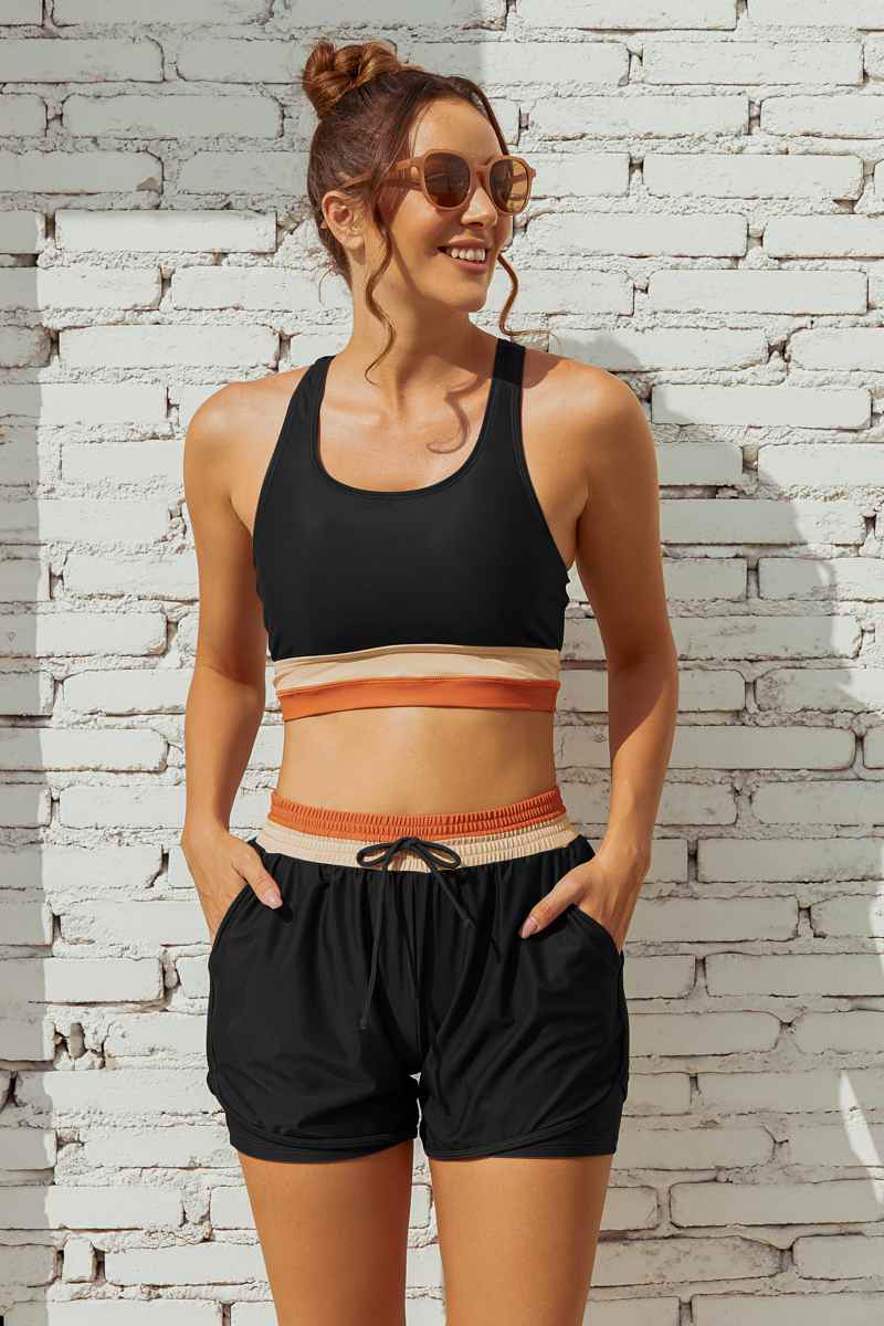 Black Colorblock Zipper Back Sporty Bikini Top with Boy Short Set