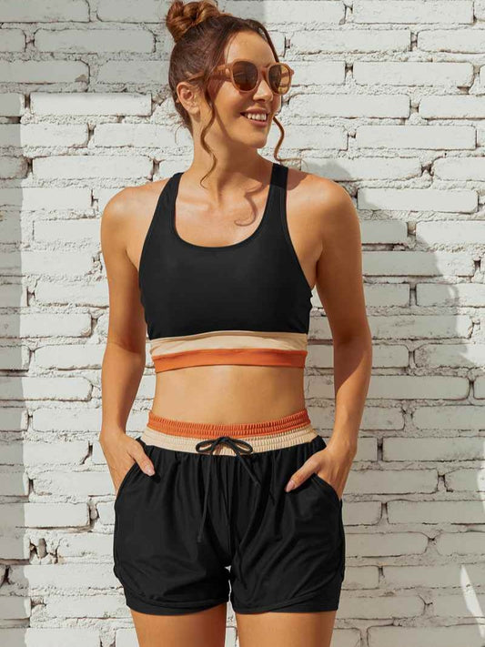 Black Colorblock Zipper Back Sporty Bikini Top with Boy Short Set