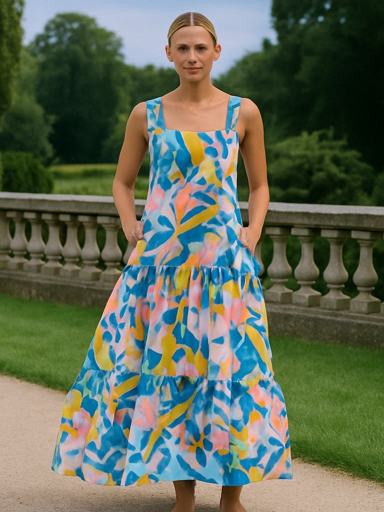 Vibrant Floral Print Square Neck Tiered Maxi Dress for Women