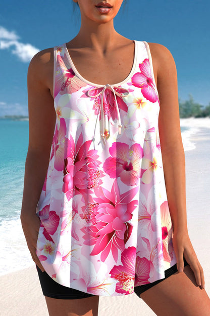 Plus Size Floral Print Pink Tankini Set