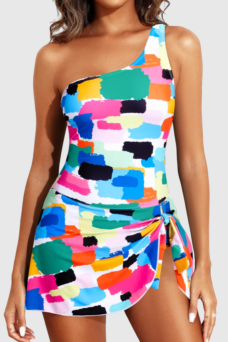 One-Shoulder Swimsuit for Women - Slim Fit Monokini with Skirted Design Color Blocks
