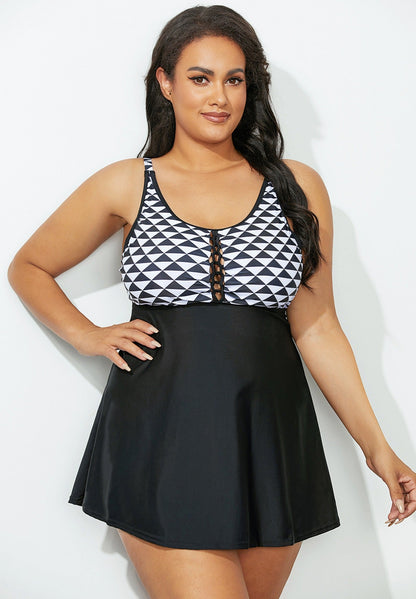 Black Geometric Lace-Up Swimdress