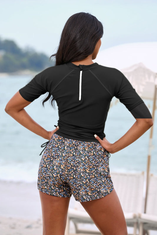 Black Round Neck Sporty Tankini Top with Boy Short Set