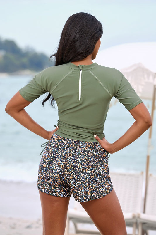 Green Short-Sleeved Sporty Tankini Top with Boy Short Set