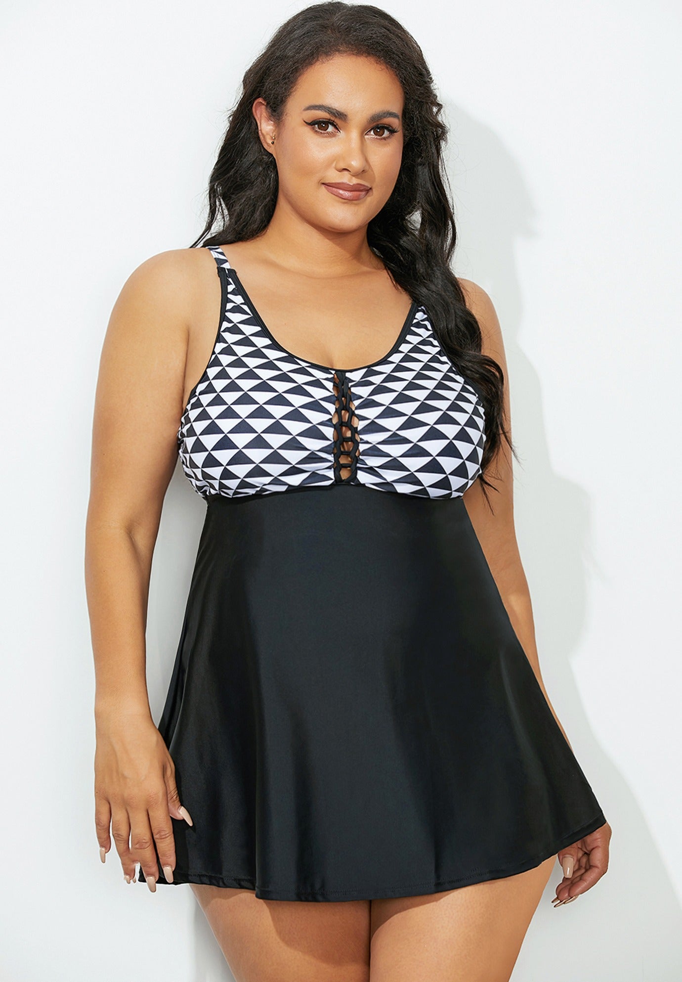 Black Geometric Lace-Up Swimdress