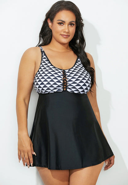 Black Geometric Lace-Up Swimdress