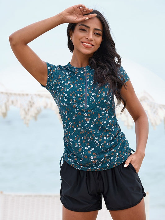 Floral Sleeved Elegant Tankini Top with Boy Short Set