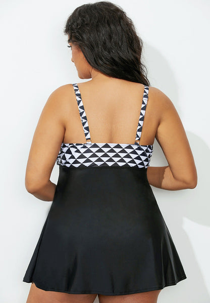 Black Geometric Lace-Up Swimdress