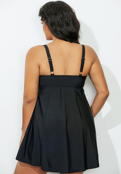 Solid Black Lattice Neck Swimdress