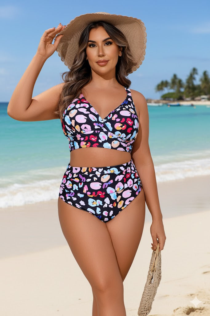 Plus Size Vibrant Abstract Print High-Waist Bikini